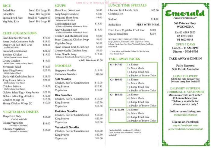 Emerald chinese and vietnamese restaurant menu
