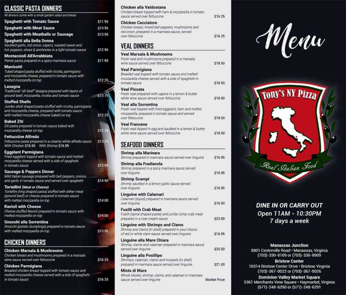 Pizza tonys Tony's new york pizza haymarket menu